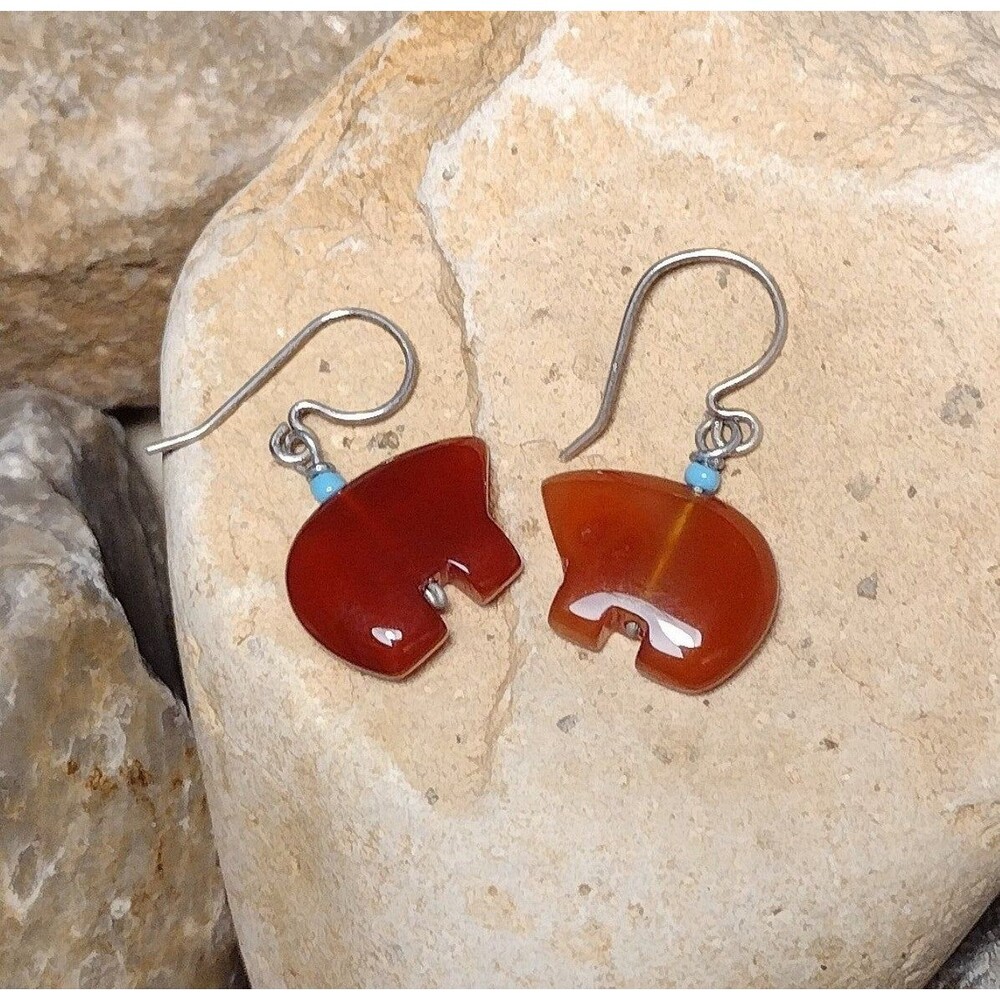 Fetish Bear Carnelian Stone Sterling Silver Dangle Earrings Vintage - Picture 9 of 12